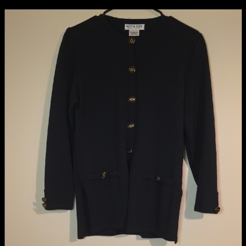 Vintage Austin Reed Black Merino Wool Sweater Cardigan Size S
